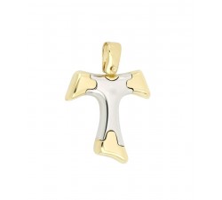 CIONDOLO CROCE TAU IN ORO GIALLO E BIANCO 18 KT + COLLANA LACCIO IN OMAGGIO