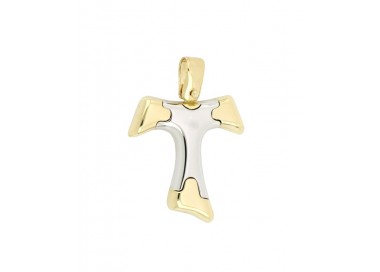 CIONDOLO CROCE TAU IN ORO GIALLO E BIANCO 18 KT + COLLANA LACCIO IN OMAGGIO