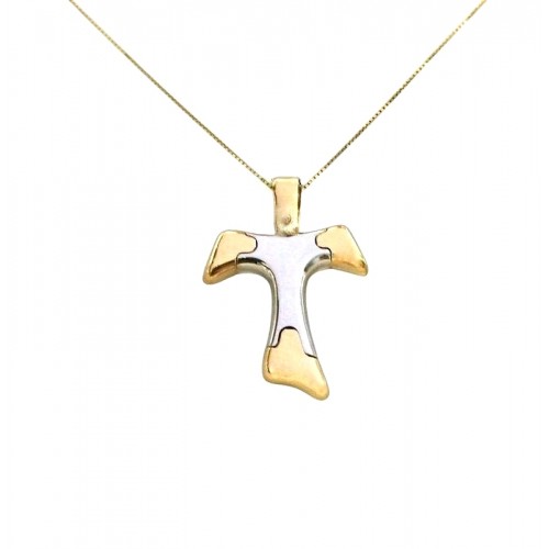 COLLANA ORO GIALLO 18 KT CON CROCE TAU IN ORO BICOLORE