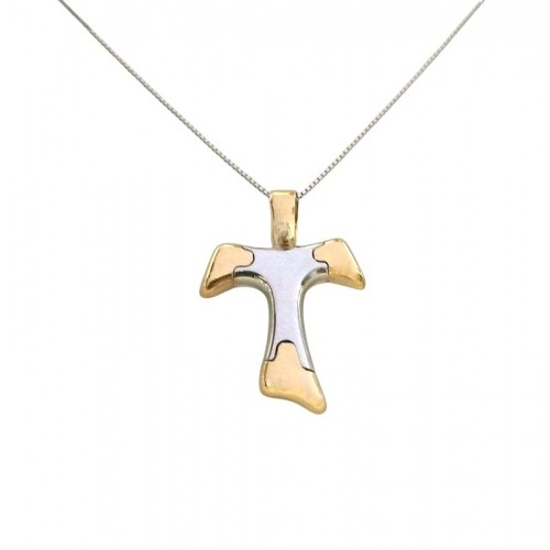 COLLANA ORO BIANCO 18 KT CON CROCE TAU IN ORO BICOLORE