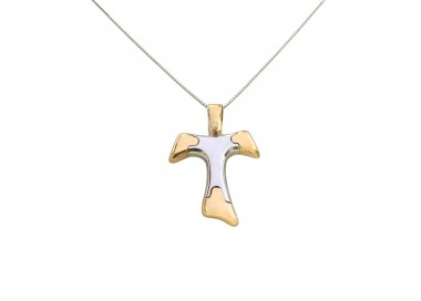 COLLANA ORO BIANCO 18 KT CON CROCE TAU IN ORO BICOLORE
