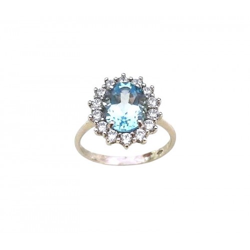 ANELLO KATE IN ORO BIANCO 18 KT CON ZIRCONE CELESTE ACQUAMARINA E BIANCHI