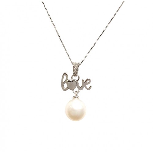 COLLANA IN ORO BIANCO 18 KT LOVE DIAMANTI E PERLA 