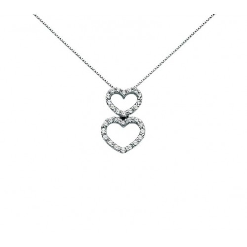 COLLANA IN ARGENTO 925 DOPPIO CUORE CON 34 ZIRCONI BIANCHI TAGLIO BRILLANTE