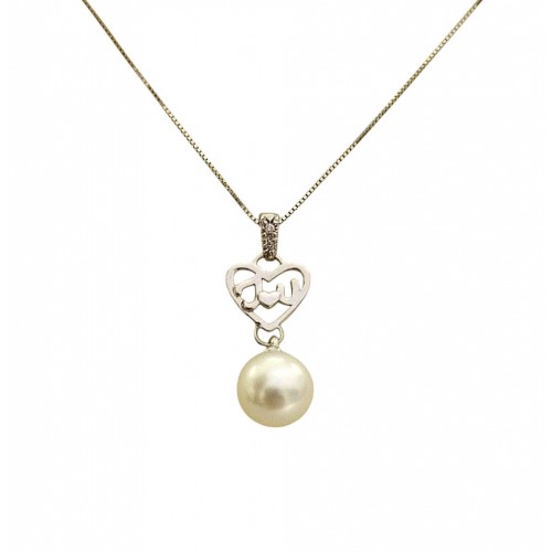 COLLANA CUORE IN ORO BIANCO 18 KT CON PERLA E DIAMANTI
