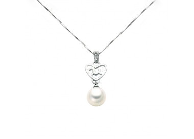 COLLANA CUORE IN ORO BIANCO 18 KT CON PERLA E DIAMANTI