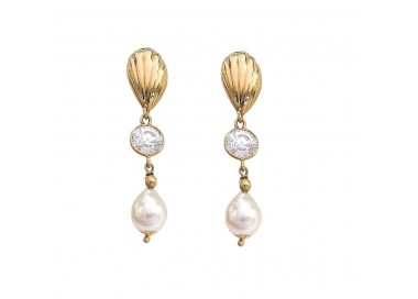 ORECCHINI PENDENTI IN ORO GIALLO 18 KT CON ZIRCONI E PERLE BIANCHE
