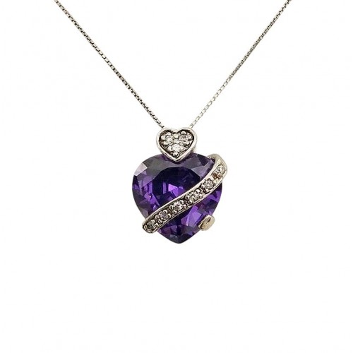 COLLANA IN ARGENTO 925 CON CUORE ZIRCONE VIOLA AMETISTA E BIANCHI TAGLIO BRILLANTE 