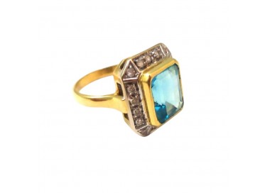 ANELLO DA DONNA IN ORO GIALLO 18 KT CON ZIRCONI CELESTE ACQUAMARINA E BIANCHI