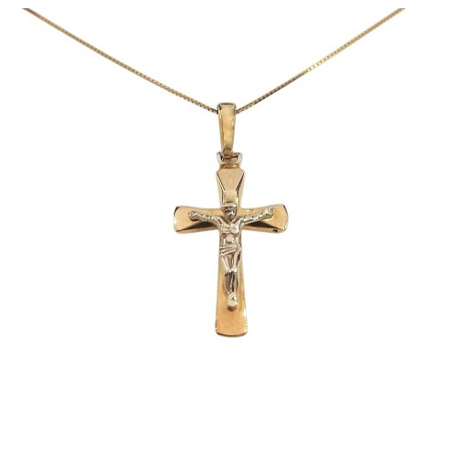 CIONDOLO CROCIFISSO IN ORO GIALLO E BIANCO 18KT + COLLANA LACCIO IN OMAGGIO
