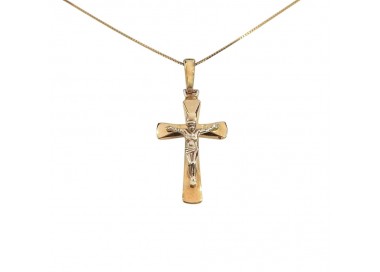 CIONDOLO CROCIFISSO IN ORO GIALLO E BIANCO 18KT + COLLANA LACCIO IN OMAGGIO