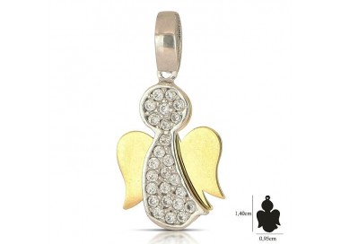 CIONDOLO ANGELO IN ORO GIALLO E BIANCO18 KT CON ZIRCONI + COLLANA LACCIO IN OMAGGIO