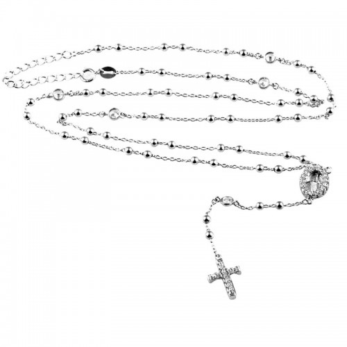 COLLANA UNISEX ROSARIO CON CROCE IN ARGENTO 925 RODIATO ORO BIANCO CON ZIRCONI