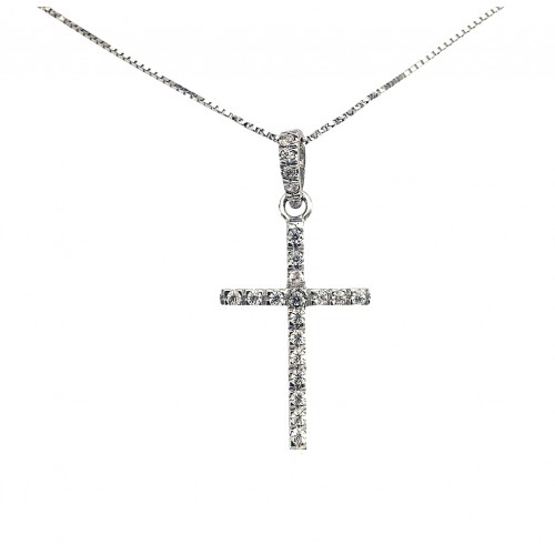 COLLANA CROCE IN ORO BIANCO 18 KT E ZIRCONI BIANCHI TAGLIO BRILLANTE