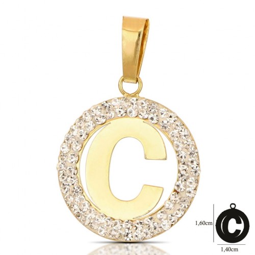 CIONDOLO LETTERA C IN ORO GIALLO 18 KT CON ZIRCONI BIANCHI + COLLANA LACCIO IN OMAGGIO