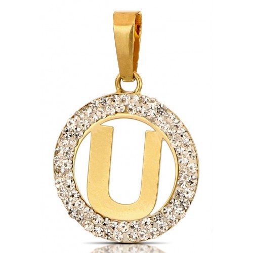 CIONDOLO LETTERA U IN ORO GIALLO 18 KT CON ZIRCONI BIANCHI + COLLANA LACCIO IN OMAGGIO