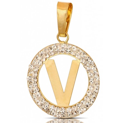 CIONDOLO LETTERA V IN ORO GIALLO 18 KT CON ZIRCONI BIANCHI + COLLANA LACCIO IN OMAGGIO