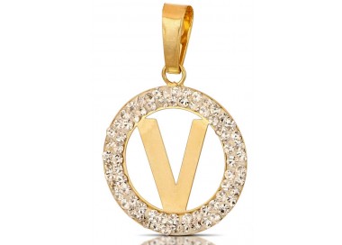 CIONDOLO LETTERA V IN ORO GIALLO 18 KT CON ZIRCONI BIANCHI + COLLANA LACCIO IN OMAGGIO