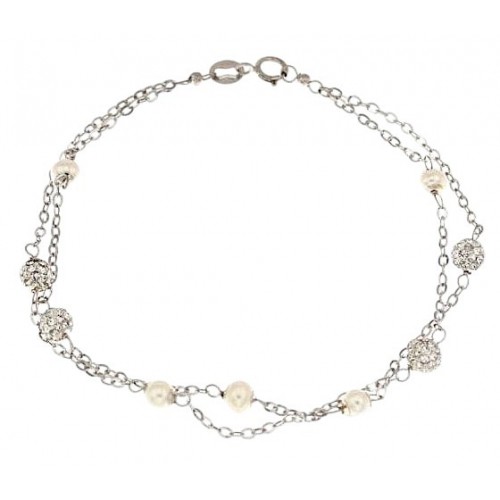 BRACCIALE DONNA IN ORO BIANCO 18 KT CON SFERE PAVE' DI ZIRCONI E PERLE