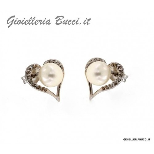 ORECCHINI CUORE IN ORO BIANCO 18 KT CON PERLE E ZIRCONI