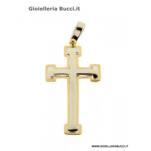 CIONDOLO CROCE IN ORO GIALLO E BIANCO + COLLANA IN OMAGGIO